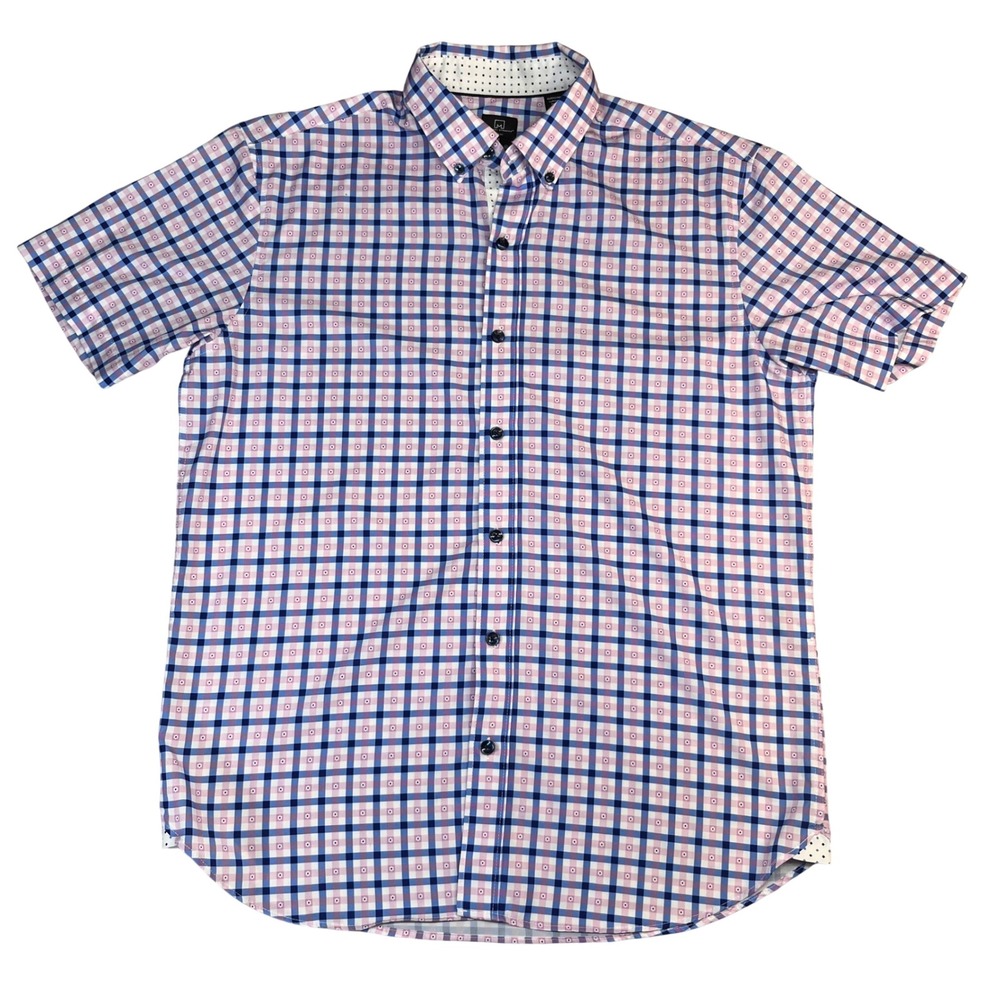 Michael Strahan Mens Slim Fit Plaid Short Sleeve Button Down Shirt Blue Pink M